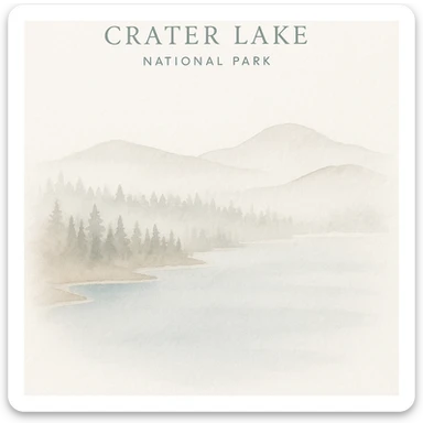 Crater Lake National Park, watercolor style, soft blue lake, misty pine forests, gentle mountains, tranquil atmosphere sticker
