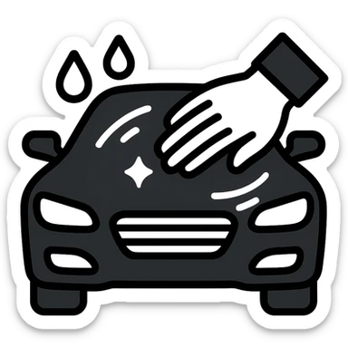 elegant hand with white or black glove on the hood of a high-end car, water drops or shine, main color black with silver or white details, smooth motion lines suggesting cleaning, modern and clean icon sticker