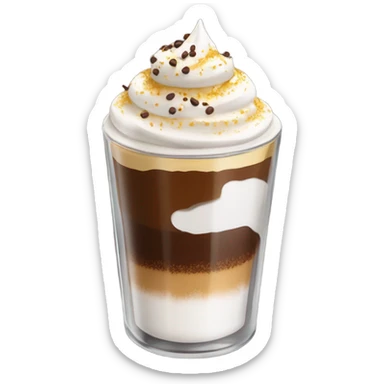 Shot glass, liquid inside is divide in two, yellow at the bottom an coffee on top covered whit a nice spry cream an chocolate powder sticker