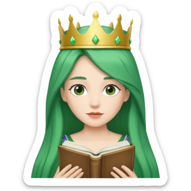Long Hair Women with green Book, White straight hair, crown

 sticker