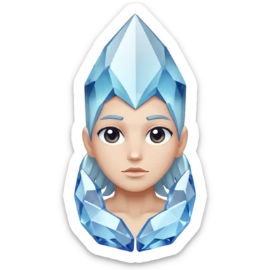 A single crystal character inspired by a clear quartz cluster, chunky base with many tall transparent crystal spikes growing upward all around it with a face sticker