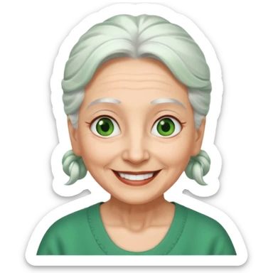 abuela con ojos verdes, pelo blanco, pelo blanco y amarrado, aspecto feliz, pelo blanco, no verde, solo verde los ojos sticker