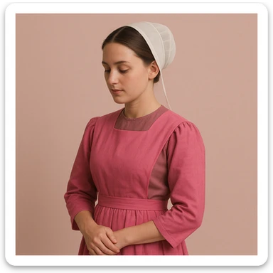 Amish woman in traditional dress, pink color scheme, simple background sticker