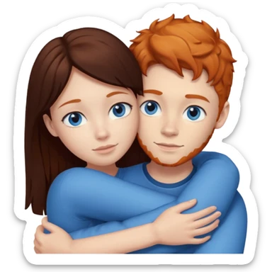 Ginger boy hugging girl with very dark brown hair. Both have blue eyes.  sticker
