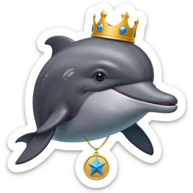 A delfin with e medal and a crow king sticker