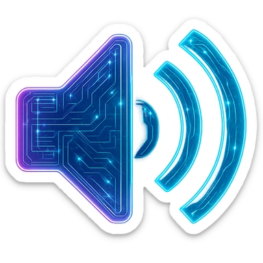 Transform the sound icon into a cyberpunk, holographic style with glowing neon blue and pink edges, circuit patterns throughout the entire icon, and a transparent background. Maintain the recognizable speaker and sound wave shapes, overlaying neon and circuit effects in the same futuristic, clean style as the previous cyberpunk icons. The whole icon should have a consistent cyberpunk glow and intricate circuit details. sticker