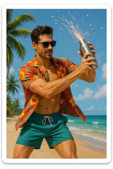 human male Unbuttoned Hawaiian shirt, swim trunks, shaking a cocktail shaker (sparks flying) sticker