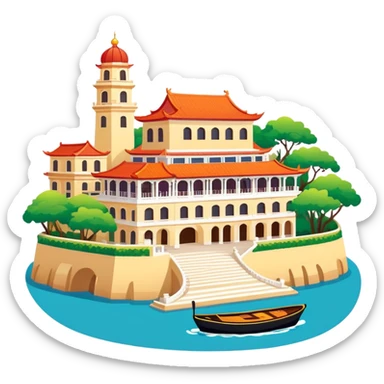 Gulangyu Island Xiamen with colonial buildings, simplified emoji style with bold outlines and bright colors, cartoon style island with piano shape sticker