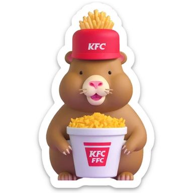 Capybara wearing a tiny KFC bucket as a hat on its head sticker