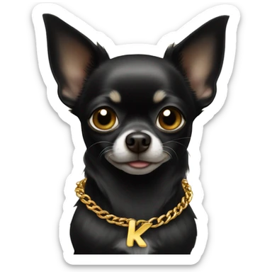 Black chihuahua wearing golden chain with letter k sticker