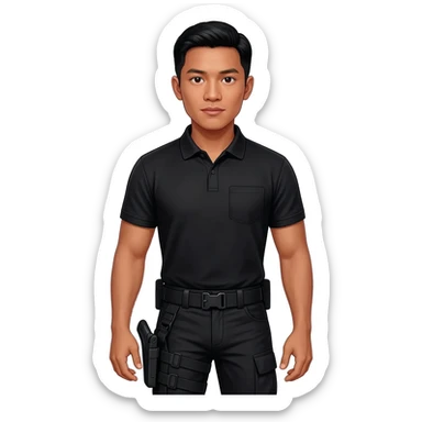 Filipino man black polo shirt and black fatigue combat pants with holster belt sticker