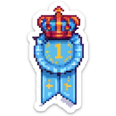 pixel art badge for first place with a ribbon and crown, pixelated style sticker