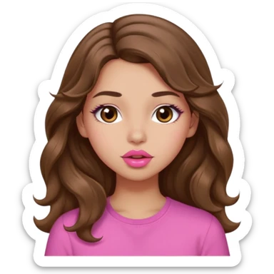 girl with long wavy brown hair, brown eyes, light to medium complexion, in a pink shirt, pink lips, long lashes, puckering up for a kiss sticker