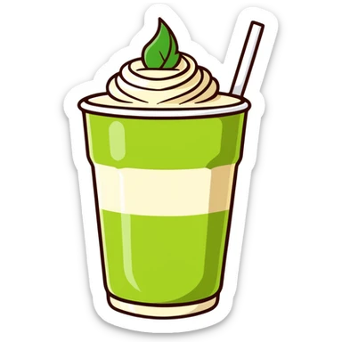matcha latte in warm olive-brown tones with leaf detail, soft dreamy illustration sticker