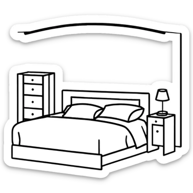 clean bedroom with white walls, bed, nightstand and dresser sticker