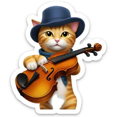 cat playing a violin with a hat sticker