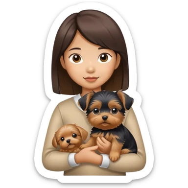 an asian girl holding a yorkie puppy sticker