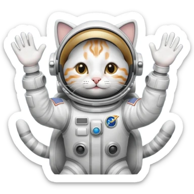 astronaut cat emoji, highly detailed, looks too good, fond of space and astronomy, wearing a space suit, floating among stars, expressive and charming, waving hello sticker