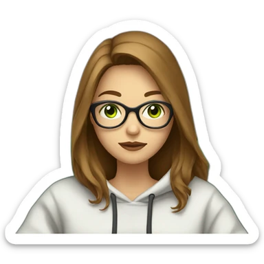 a white wearing girl glasses and a hoddie with green eyes and brown long hair sitting on a couch watching tv sticker