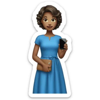 a girl in a blue dress holding a cell phone sticker