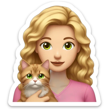 woman with green eyes and long wavy blonde hair in a pink shirt is holding a very fluffy and fat brown cat sticker