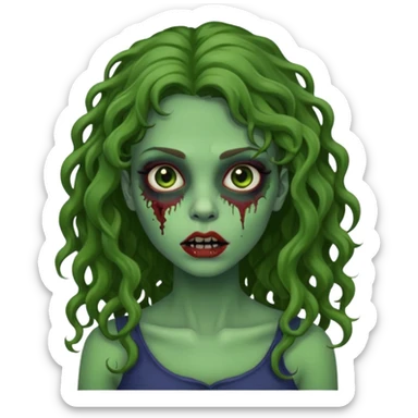 faça uma garota zombie, com a pele verde, cabelo castanho cacheado abaixo do ombro linda sticker