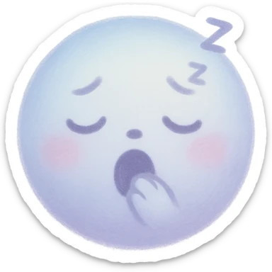 cute emoji, round face, sleepy eyes, tiny yawn, soft blue and lavender sticker