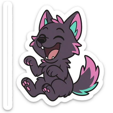 cute wolf pup with dark purple fur, neon mauve and neon teal highlights, laughing out loud, comic style sticker