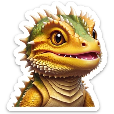 Cinematic Cute Bearded Dragon Portrait Emoji, Head tilted playfully and inquisitively, featuring a glossy, scaled hide in warm olive hues with an adorably scrunched spiky beard and round, sparkling eyes full of curious mischief, Simplified yet irresistibly adorable features, highly detailed, glowing with a warm, friendly glow, high shine, affectionate and lively, stylized with a touch of rugged whimsy, bright and endearing, soft glowing outline, capturing the essence of a mischievous yet loving dragon, so playful it feels like it could scamper out of the screen into your arms! sticker