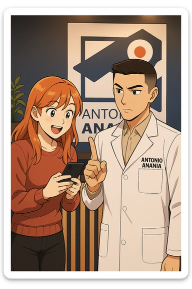 su questo stile fai un manga/webtoon a colori in cui una donna CONTROLLA ENTUSIASTA LO SMARTPHONE MENTRE PARLA CON L'UOMO, l'uomo della foto in stile manga LE DICE DI "NO" CON IL DITO, mantieni un ambiente simile alla foto che ho allegato con il suo logo (sarebbe il suo studio, lui è un kinesiologo), scrivigli "ANTONIO ANANIA" sul camice bianco, non mettere fumetti, ma fai in modo che sembri che la donna CONTROLLI LO SMARTPHONE E L'UOMO CON I GESTI LE FACCIA CAPIRE CHE STA SBAGLIANDO sticker