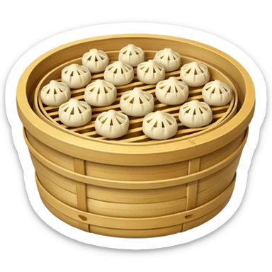 A bamboo steamer basket filled with tiny dumplings. sticker