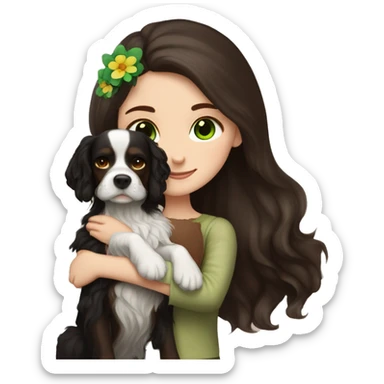 pale skin girl with green eyes with long dark brown hair that has a flower in her hair  holding a black and brown cavalier dog the dog also has a flower in its hair sticker