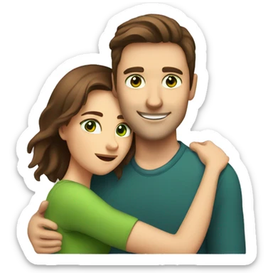 Man with brown hair and green eyes  hugs woman with brown hair and brown eyes sticker