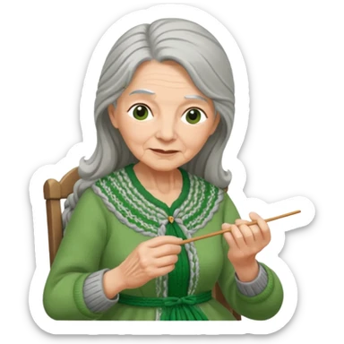 elderly women  working knitting in long hair green dress sticker