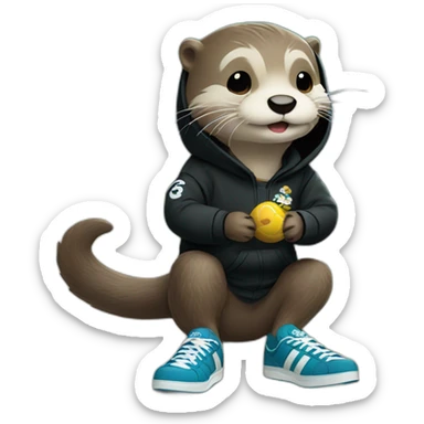 otter in black adidas hoodie playing with a yorkshire sticker