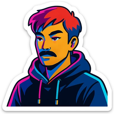 Asian man with black mustache, red hair, black hoodie, in vibrant neon-lit 80's cyberpunk anime style sticker