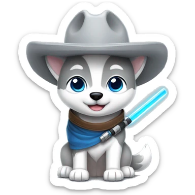 Gray Siberian Husky with blue eyes Jedi holding lightsaber cowboy hat  sticker