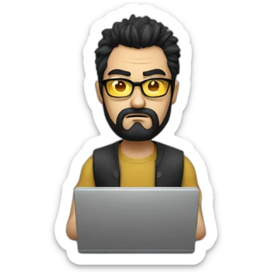 angry men with black hair and beard with golden glasses coding on computer sticker