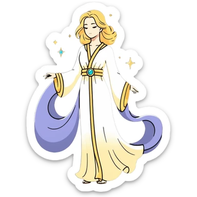 fullbody universe goddess Sophia, Ethereal Light Being, Made of starlight and fractals, Glowing white/gold skin with flowing translucent robes, Hair like galaxy mist, Jewelry made of stars and crystals sticker