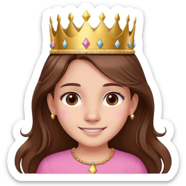 girl with long brown hair, brown eyes, wearing a pink shirt and a crown, with a birthmark on the left side of her nose, smiling, birthday theme sticker