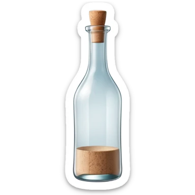 tall slender glass bottle with long neck and simple cork or screw cap, clear or frosted glass with transparent colorless liquid inside, elegant subtly curved silhouette, no label, no fruit, no extras, soft lighting, subtle shadows, emoji scale sticker