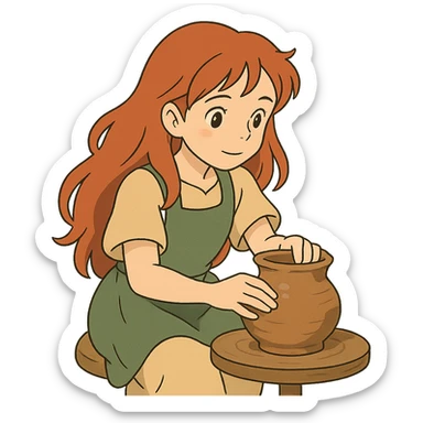 ghibli style girl with long red hair making pottery sticker