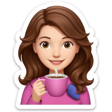 white girl with wavy brown hair drinking coffee from a pink cup emoji sticker