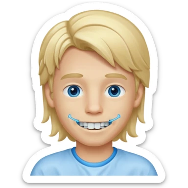 Blond boy with long hair in tail of low blue eyes and dental appliance sticker