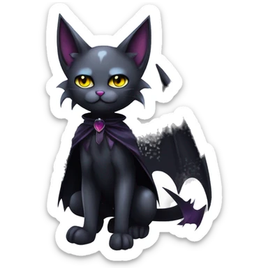   cool edgy beautiful anime-style ethereal dark-punk-themed animal vampiric cat-hybrid Fakemon with fangs and bat-wing-ears with a cape full body sticker