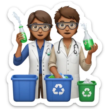 an woman otter disguised as a man picking up trash bins, next to a mad scientist sticker