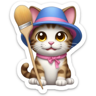 Kawaii cat artist in hat with palette and brush so it can be used as a mouse cursor sticker