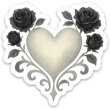 Add black gothic roses around the silver goth heart, keep the watercolor style, no background sticker