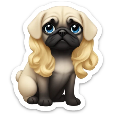 Girl with wavy blonde hair and blue eyes, kissing a black pug sticker