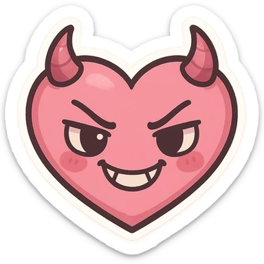 devil emoji, chibi style, pink and black colors, heart-shaped face, small horns, mischievous grin, cute expression sticker